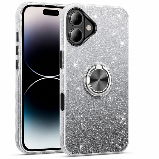 Black and silver 3-in-1 glitter ring case for Apple iPhone 17