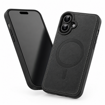 Black Leather Phone Case, Impact Resistant iPhone 17 Case, Protective Smartphone Cover, Premium Mobile Case