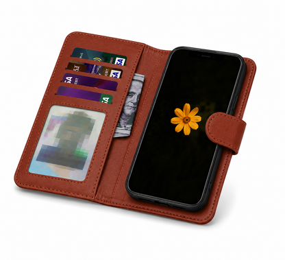 Luxury Brown iPhone 17 Pro Max Wallet Cover, 9 Card Detachable Case, Protective Smartphone Case