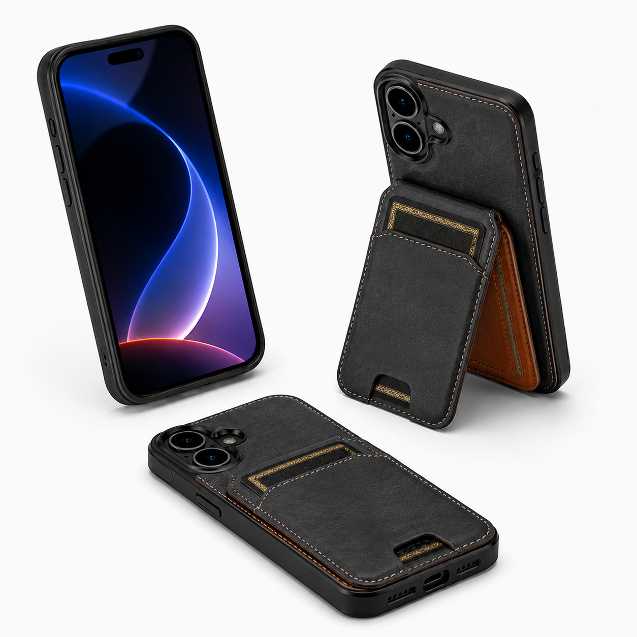 Apple iPhone 16 Black Wallet Phone Case with Magnetic Kickstand and Card Holder
