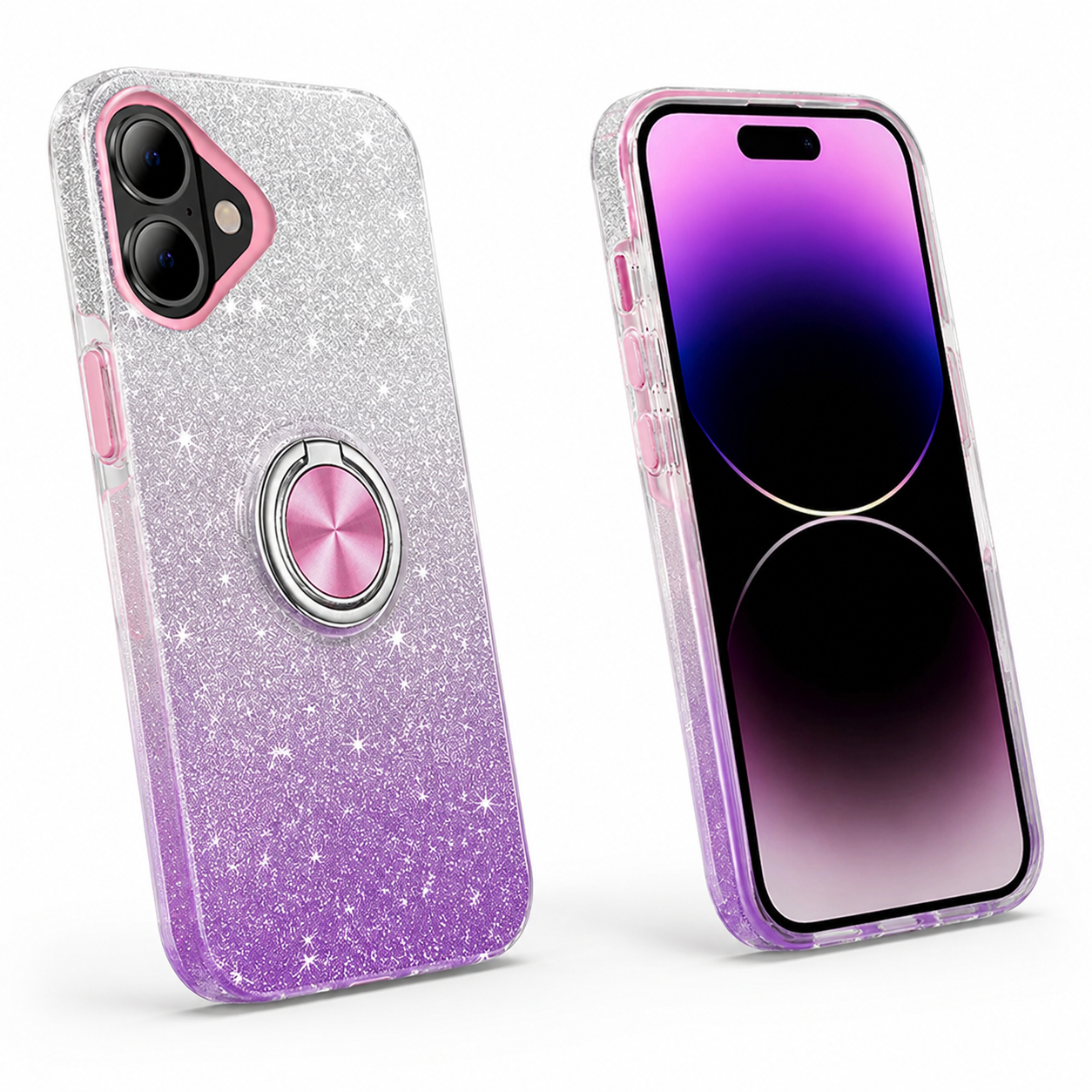 Apple iPhone 17 purple glitter phone case with rotating ring holder