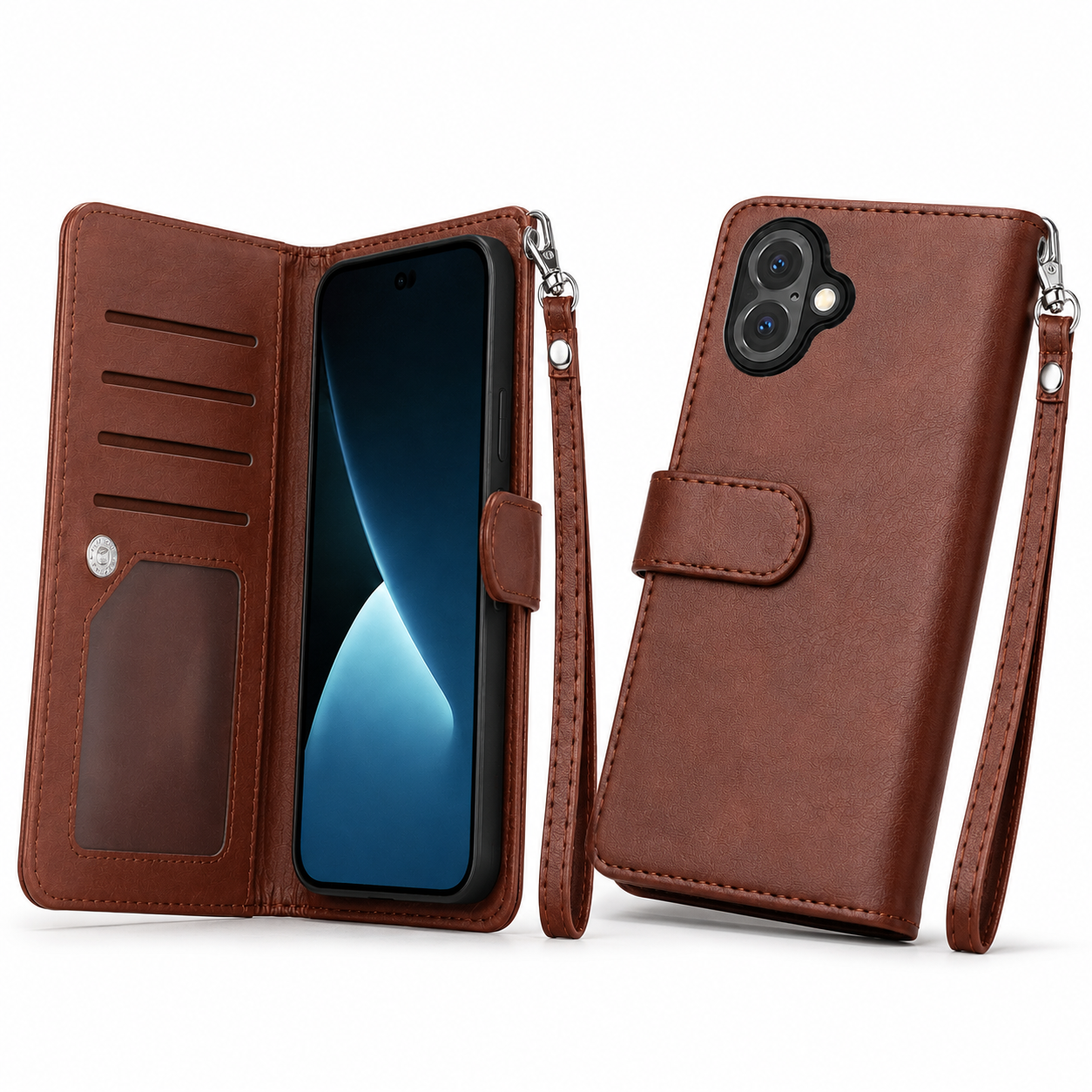 Detachable bifold card holder case for iPhone 17 in brown