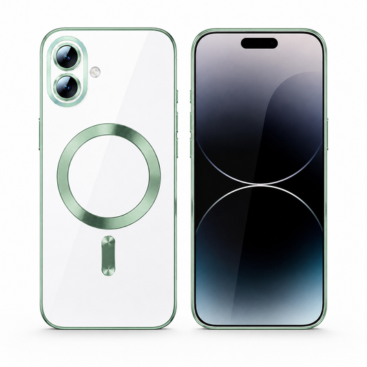 Green MagSafe iPhone 17 Case with transparent back and premium electro matte finish