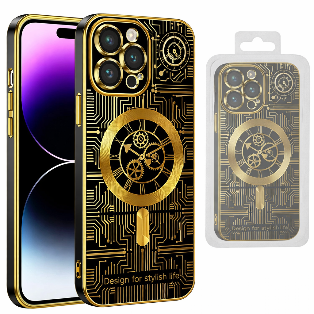 MagSafe Compatible Phone Case – Black Clock Mechanism Board MagSafe Slim Protective Cover with Wireless Charging Compatibility