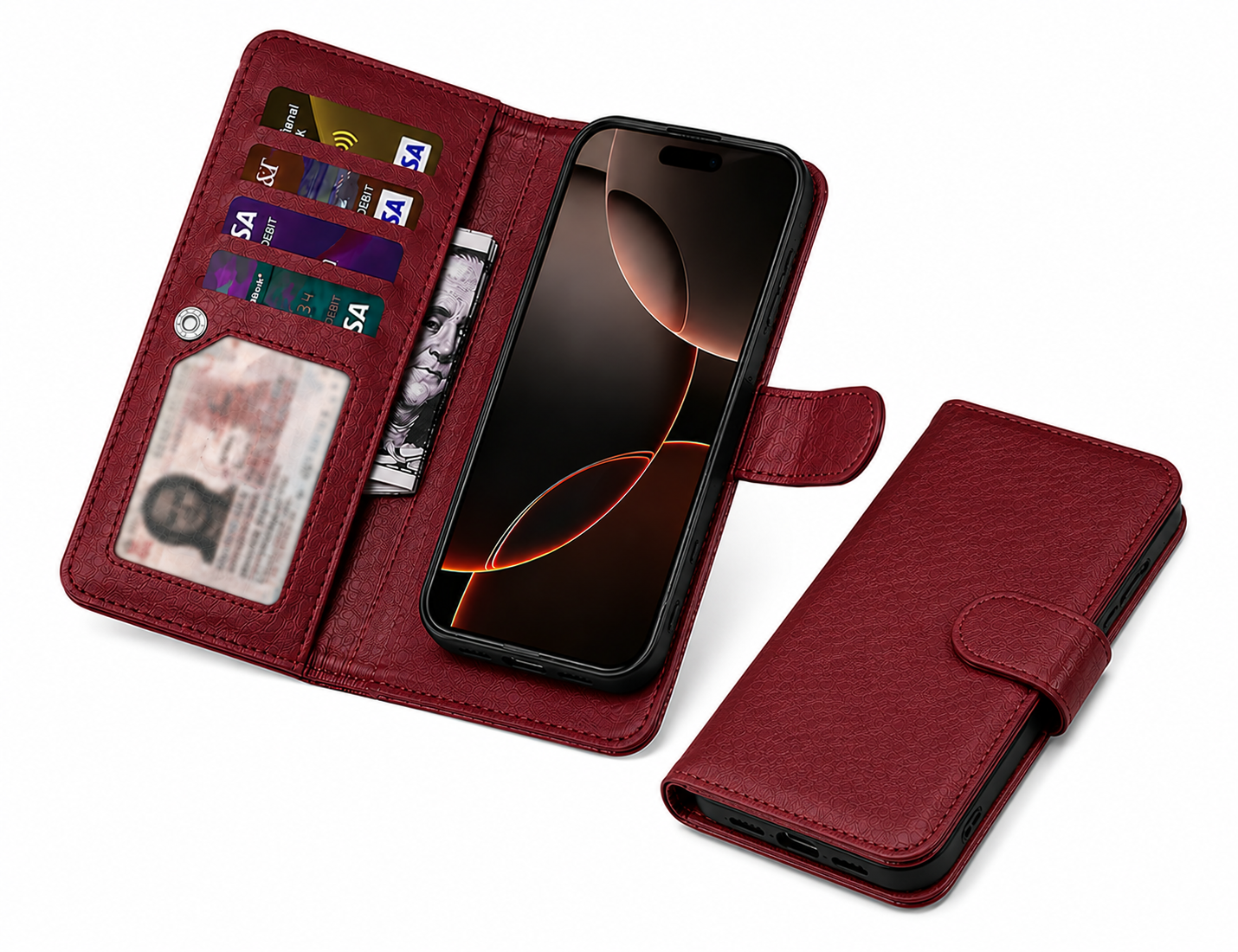  Wine Flip Wallet Phone Case for Apple iPhone 17 Pro, Luxury Mobile Cover, Detachable Magnetic Case