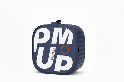 future tech gadgets Canada. smart tech store Canada. Unitree Pump Pro Fitness Pump. Gallery image 1. The product is a compact, square-shaped device with a textured, dark blue exterior. It features bold white lettering that spells "PM UP" prominently on the front, along with the word "UNITREE" in smaller text. An orange circle is visible near the center, possibly indicating a button or status light.