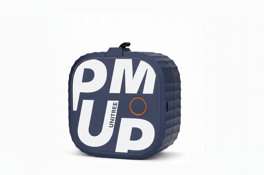 future tech gadgets Canada. smart tech store Canada. Unitree Pump Pro Fitness Pump. Gallery image 1. The product is a compact, square-shaped device with a textured, dark blue exterior. It features bold white lettering that spells "PM UP" prominently on the front, along with the word "UNITREE" in smaller text. An orange circle is visible near the center, possibly indicating a button or status light.