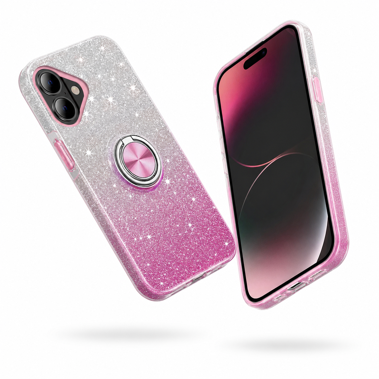 Shockproof pink glitter ring holder case for Apple iPhone 17
