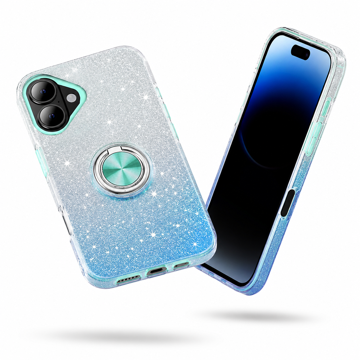 Premium blue silver iPhone 17 case with rotating ring stand