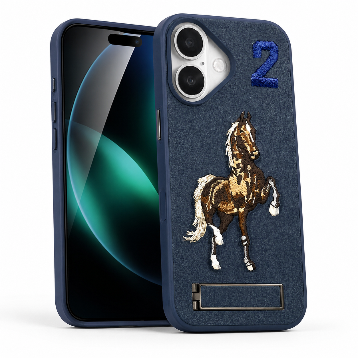 Horse Embroidery iPhone 16 Case, Built-in Stand Phone Cover, Premium Protective Case, Military Grade Phone Case