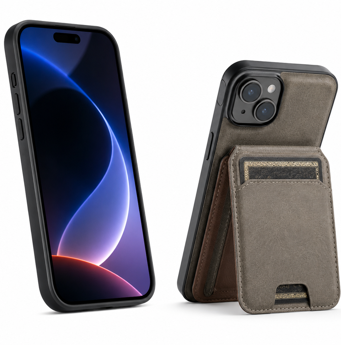 Premium Grey Leather iPhone 16 Protective Wallet Cover Shockproof Mobile Case