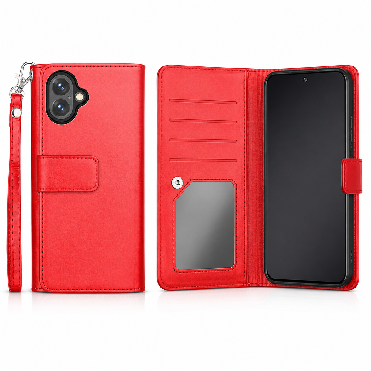 Red bifold 9-card detachable wallet case for Apple iPhone 16
