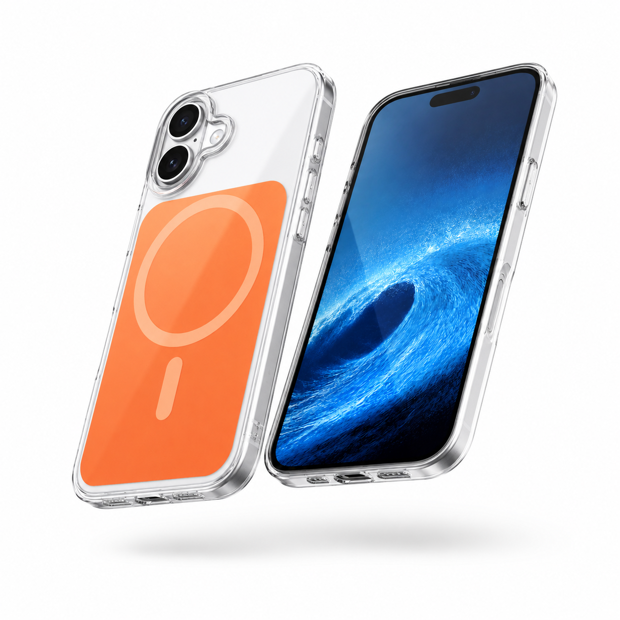 Apple iPhone 16 protective mobile cover clear case with orange MagSafe ring