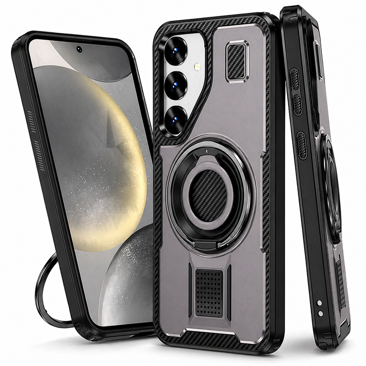 Dual Layer Phone Case – Grey Ring Design Cover MagSafe Compatible With Grip & Stand