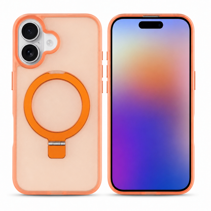 Orange rugged phone cover for iPhone 16 with raised camera protection