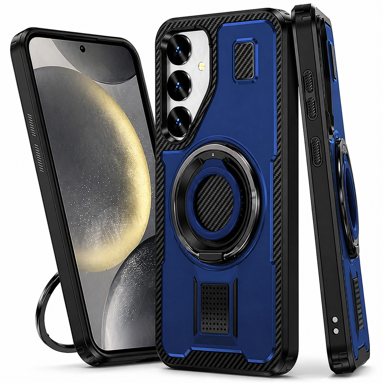 Dual Layer Phone Case – Blue Ring Design Cover MagSafe Compatible With Grip & Stand