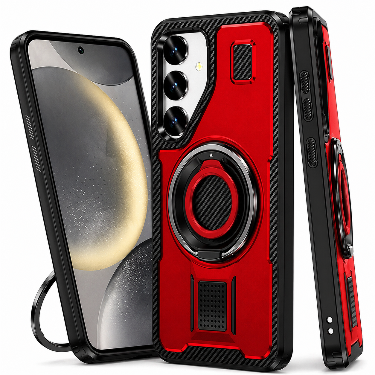 Dual Layer Phone Case – Red Ring Design Cover MagSafe Compatible With Grip & Stand