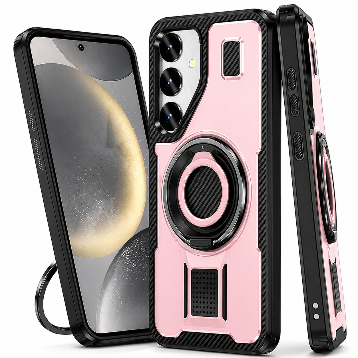 Dual Layer Phone Case – Pink Ring Design Cover MagSafe Compatible With Grip & Stand
