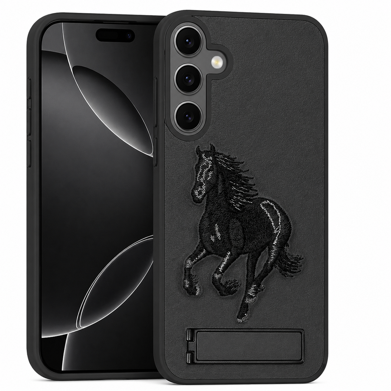 Dual Layer Phone Case – Black Horse Design Cover MagSafe Compatible with Stand
