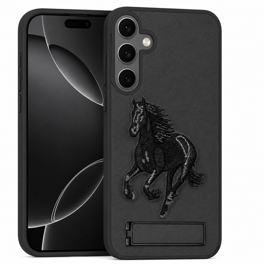 Dual Layer Phone Case – Black Horse Design Cover MagSafe Compatible with Stand