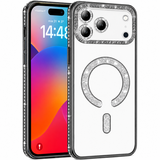 Black Glitter MagSafe Case for Apple iPhone 17 Pro Max with Clear Transparent Back Cover