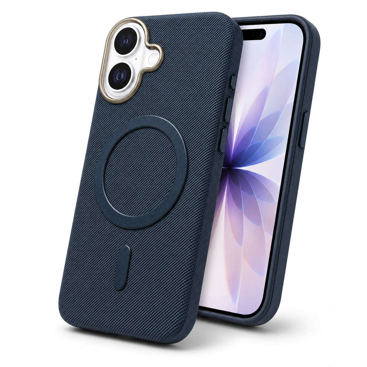 Apple iPhone 16 Cover in dark blue fabric style with shockproof phone case design