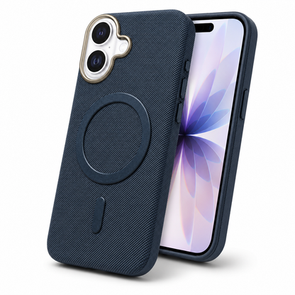 Apple iPhone 16 Cover in dark blue fabric style with shockproof phone case design
