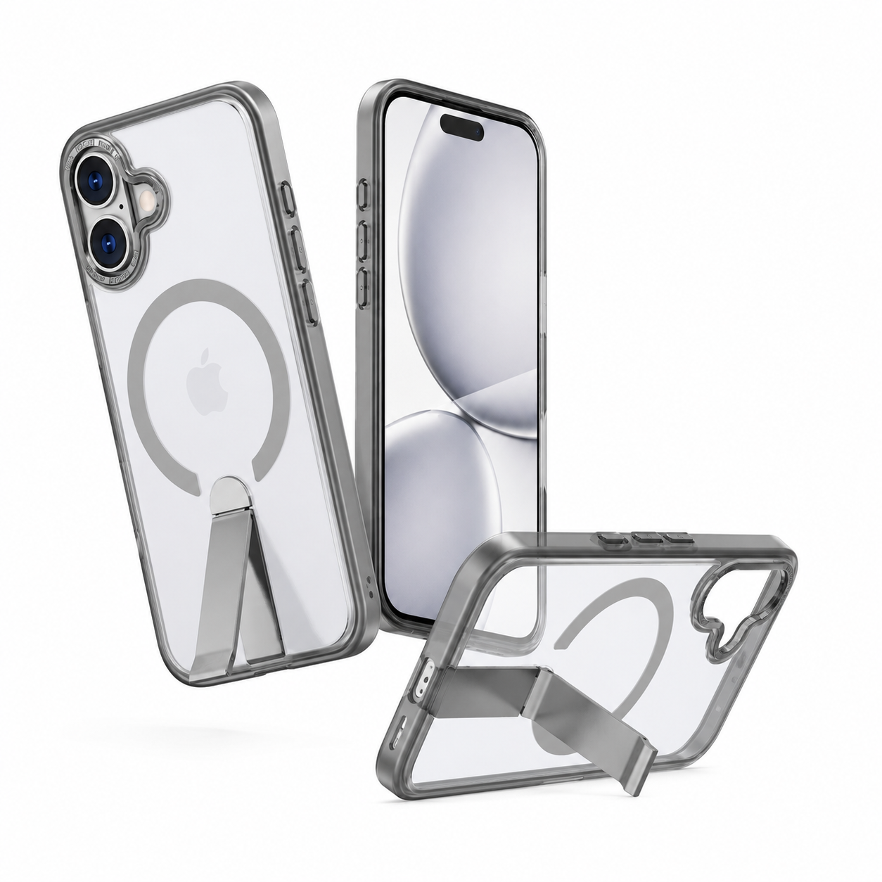Apple iPhone 16 Kickstand Case, Grey Bumper Phone Cover, Wireless Charging Compatible Case, Durable TPU Phone Case