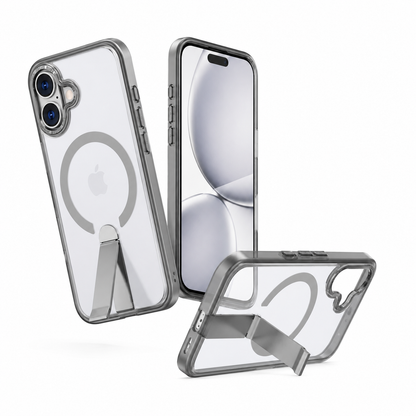 Apple iPhone 16 Kickstand Case, Grey Bumper Phone Cover, Wireless Charging Compatible Case, Durable TPU Phone Case
