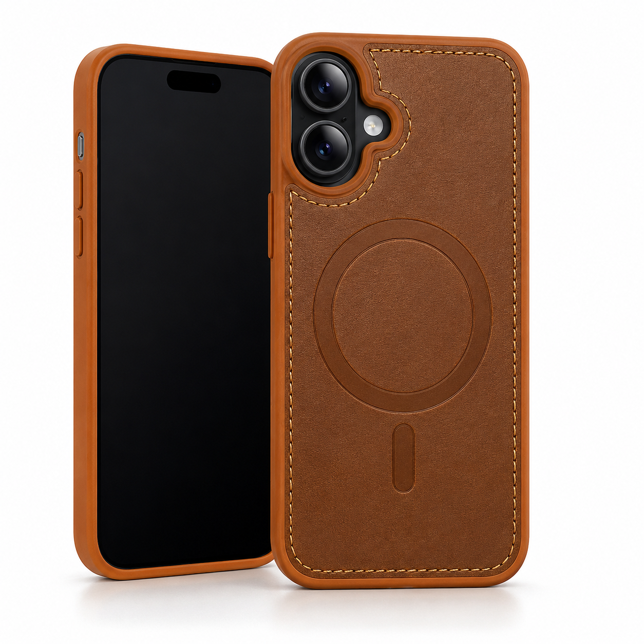 MagSafe Rich Craft Case Apple iPhone 16 Saddle Brown Leather Phone Case Front and Back View