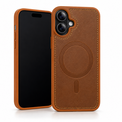 MagSafe Rich Craft Case Apple iPhone 16 Saddle Brown Leather Phone Case Front and Back View