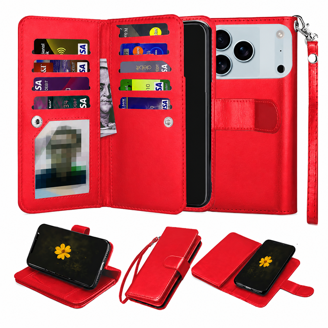  Red Bifold 9 Card Detachable Wallet Case for Apple iPhone 17 Pro, MagSafe Wallet Case, Shockproof Phone Cover