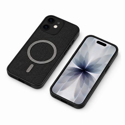 Black woven mobile cover with raised camera protection for iPhone 12