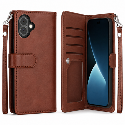 Brown bifold 9-card detachable wallet case for Apple iPhone 17