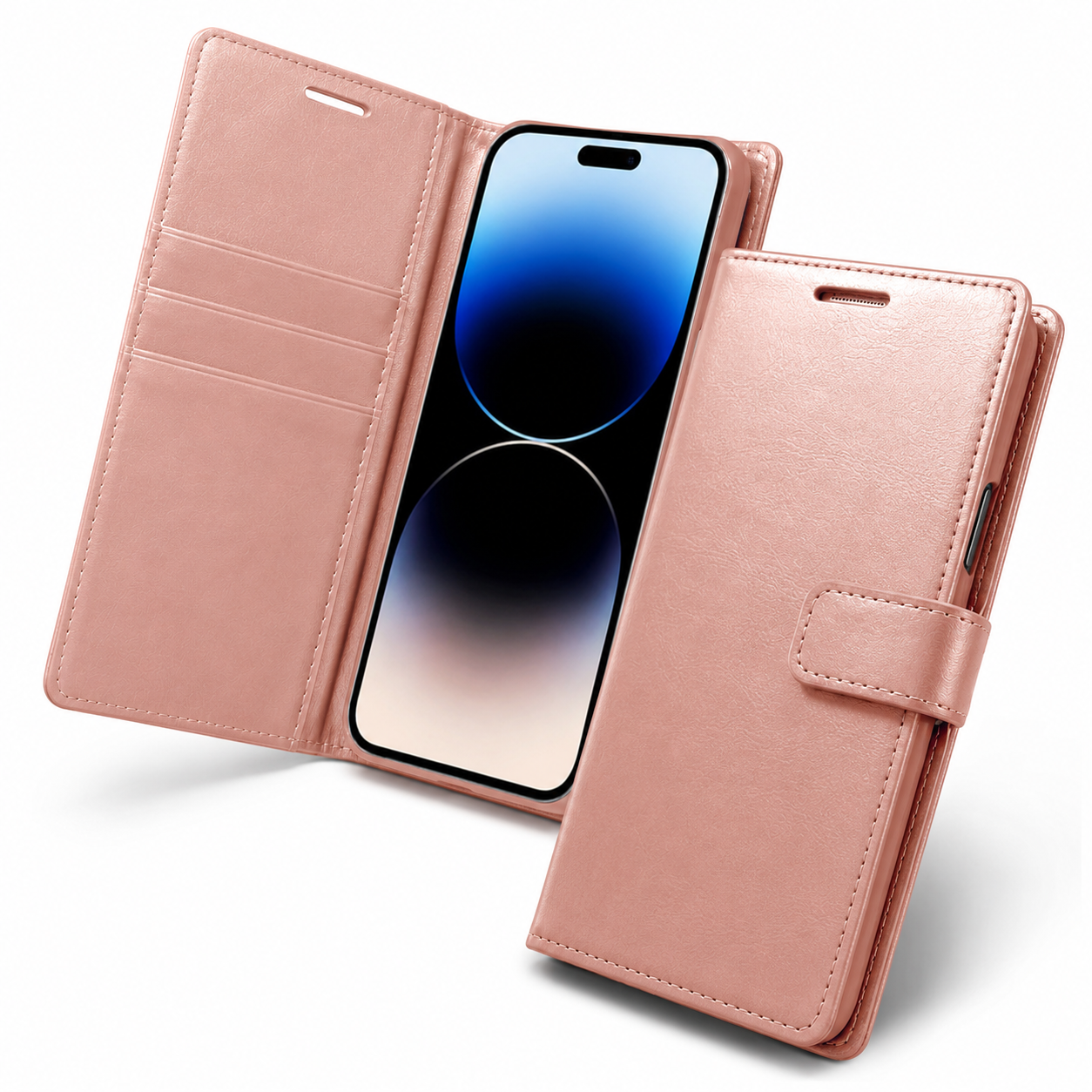 Shockproof rose gold leather-style diary case for Apple iPhone 17