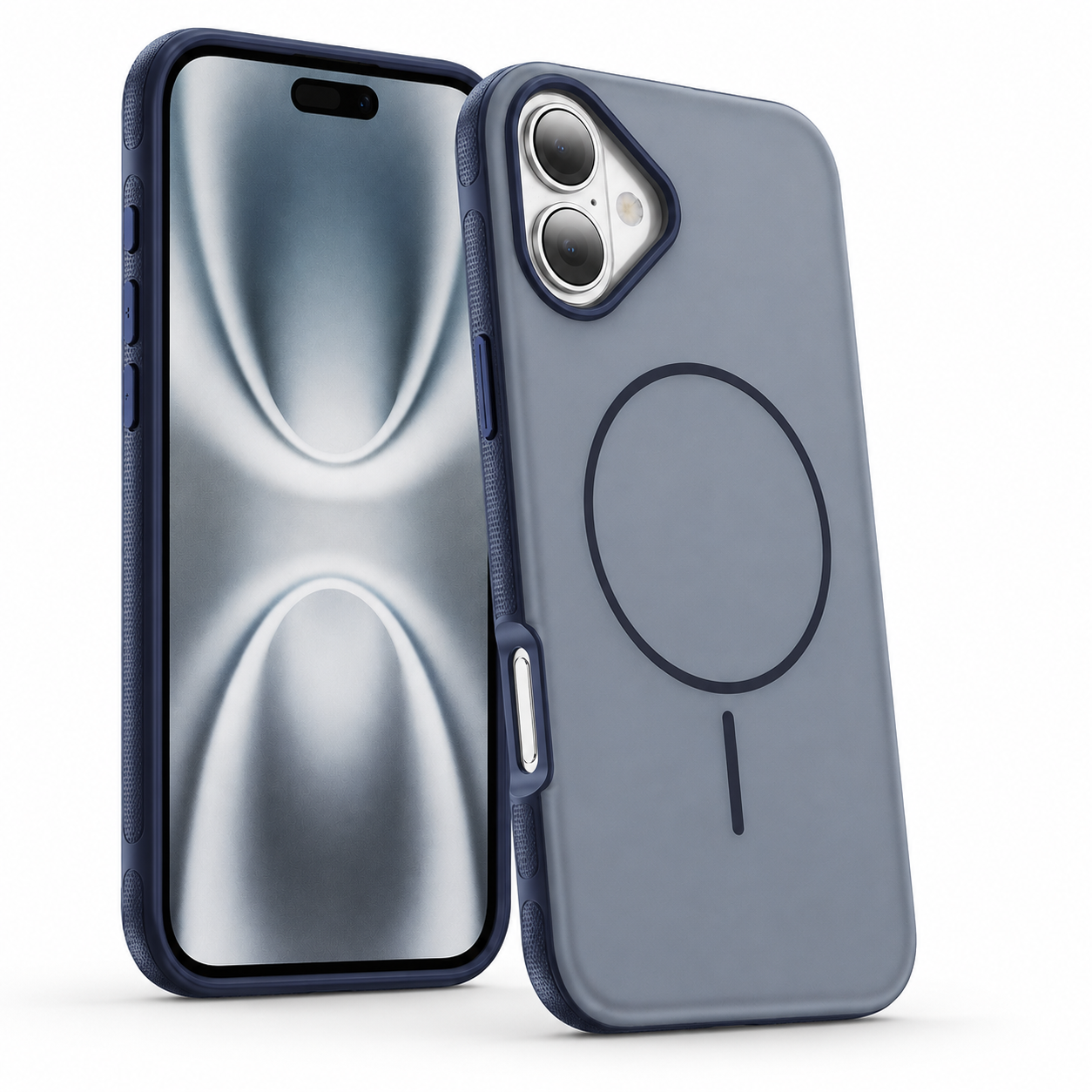 Blue iPhone 16 case with MagSafe magnetic ring, raised camera protection, and slim protective finish