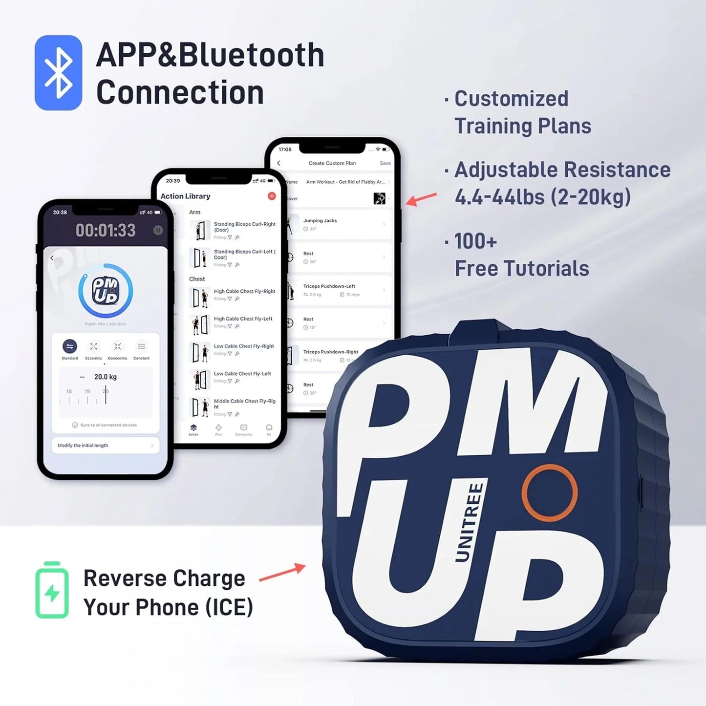 future tech gadgets Canada. smart tech store Canada. Unitree Pump Pro Fitness Pump. Gallery image 2. The image features a compact fitness device prominently displayed in the foreground, with a navy blue and white design that includes the text "PM UP" and "UNITREE." Behind it, three smartphones are arranged, showcasing a fitness app interface with workout plans and a timer. The background is a soft gradient, enhancing the modern aesthetic.