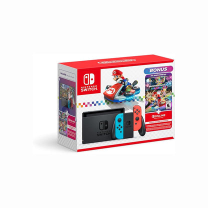 cutting edge electronics online Canada. buy electronics online Canada. New Nintendo Switch OLED Mario kart Deluxe Edition. Gallery image 2. The product is a Nintendo Switch console package, prominently displayed in a centered, angled view. The box features a vibrant design with a red top and a white checkered background. The console itself is black, flanked by blue and red Joy-Con controllers.