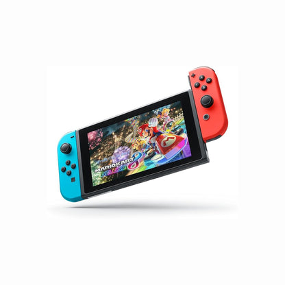 cutting edge electronics online Canada. buy electronics online Canada. New Nintendo Switch OLED Mario kart Deluxe Edition. Gallery image 1. The image features a Nintendo Switch console, angled slightly to the right, with vibrant blue and red Joy-Con controllers attached to either side. The screen displays the game "Mario Kart 8 Deluxe," showcasing colorful graphics of characters racing in a lively setting. The background is a seamless white, emphasizing the console's sleek design.
