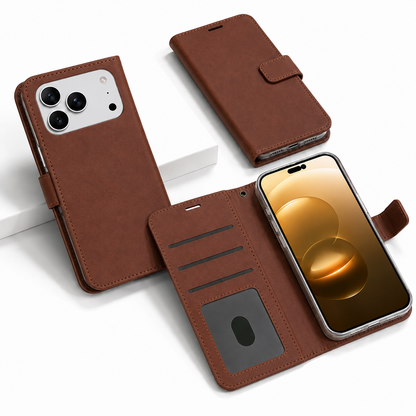 Brown Photo ID Wallet for Apple iPhone 17 Pro Max Leather Protective Flip Phone Case