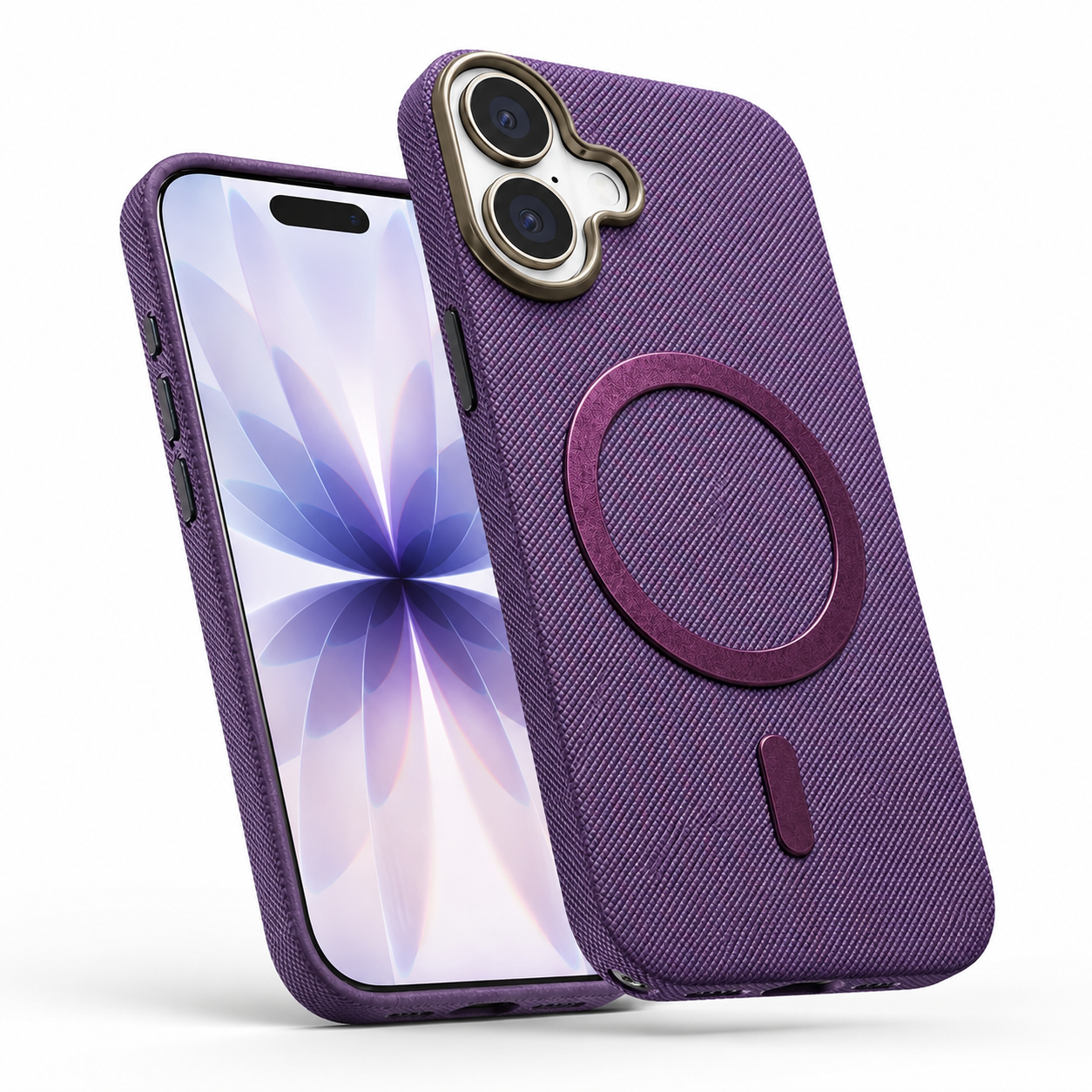 Purple Fabric Phone Cover, MagSafe Compatible Case, Luxury Phone Case, Wireless Charging Compatible Case, Durable Mobile Cover