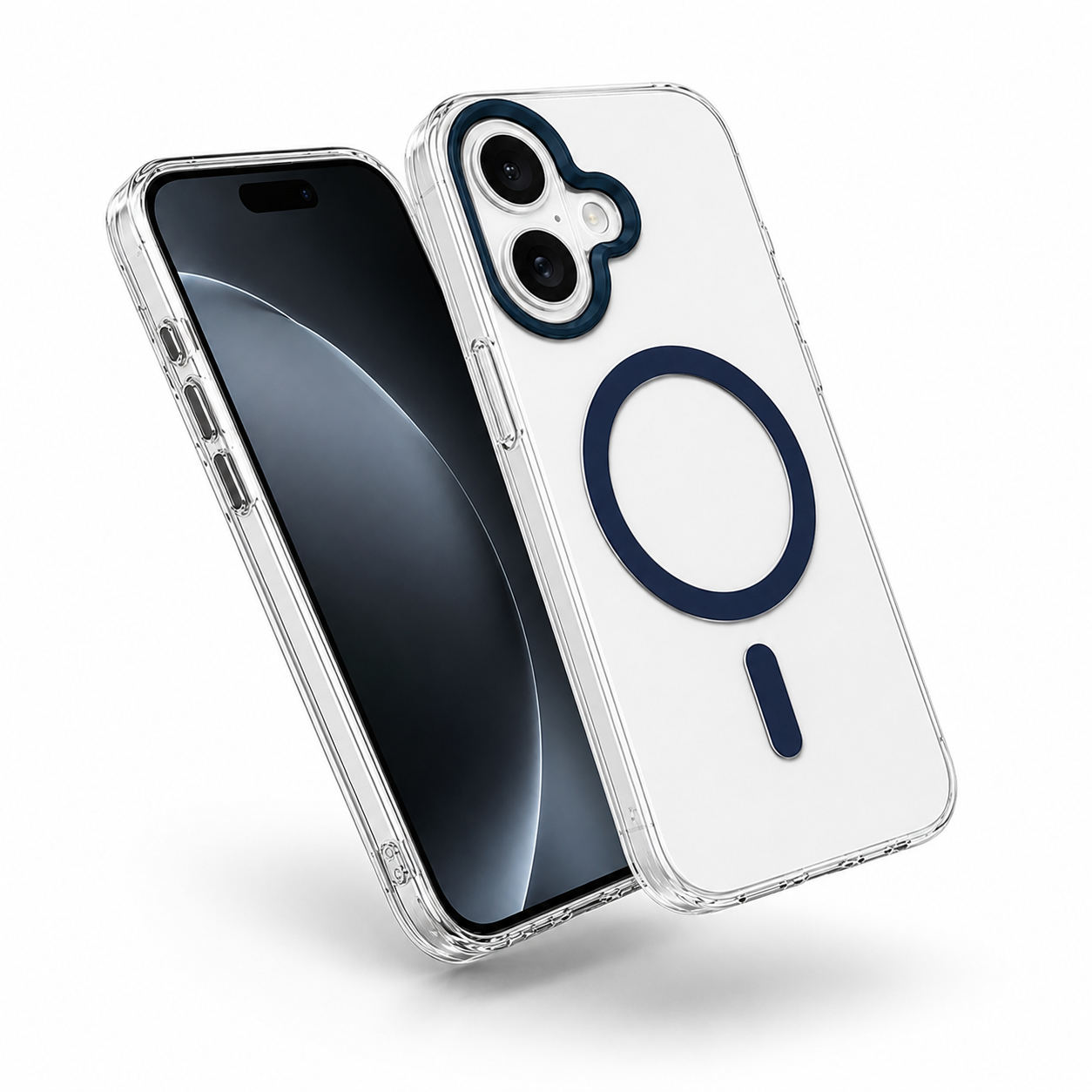 Slim Dark Blue iPhone 17 Protective Case with clear back panel, military-grade drop protection, anti-scratch phone cover, and MagSafe compatibility