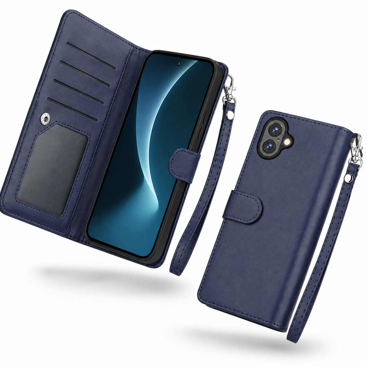 Navy iPhone 17 detachable wallet case with cash pocket and camera protection