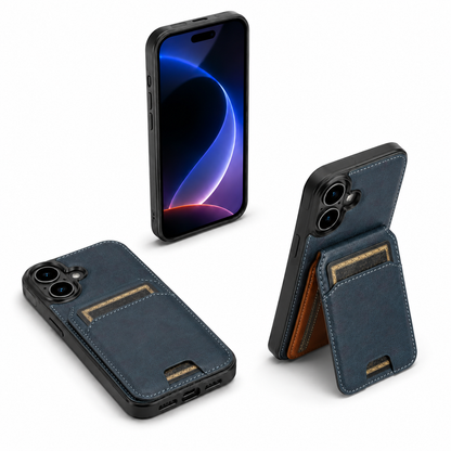 Luxury Navy Leather Card Holder Case for Apple iPhone 16 Protective Smartphone Cover