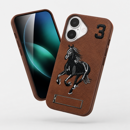 Horse Embroidery iPhone 16 Case, Built-in Stand Phone Cover, Premium Protective Case, Military Grade Phone Case
