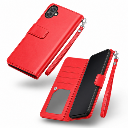Red iPhone 17 detachable wallet case with cash pocket and camera protection