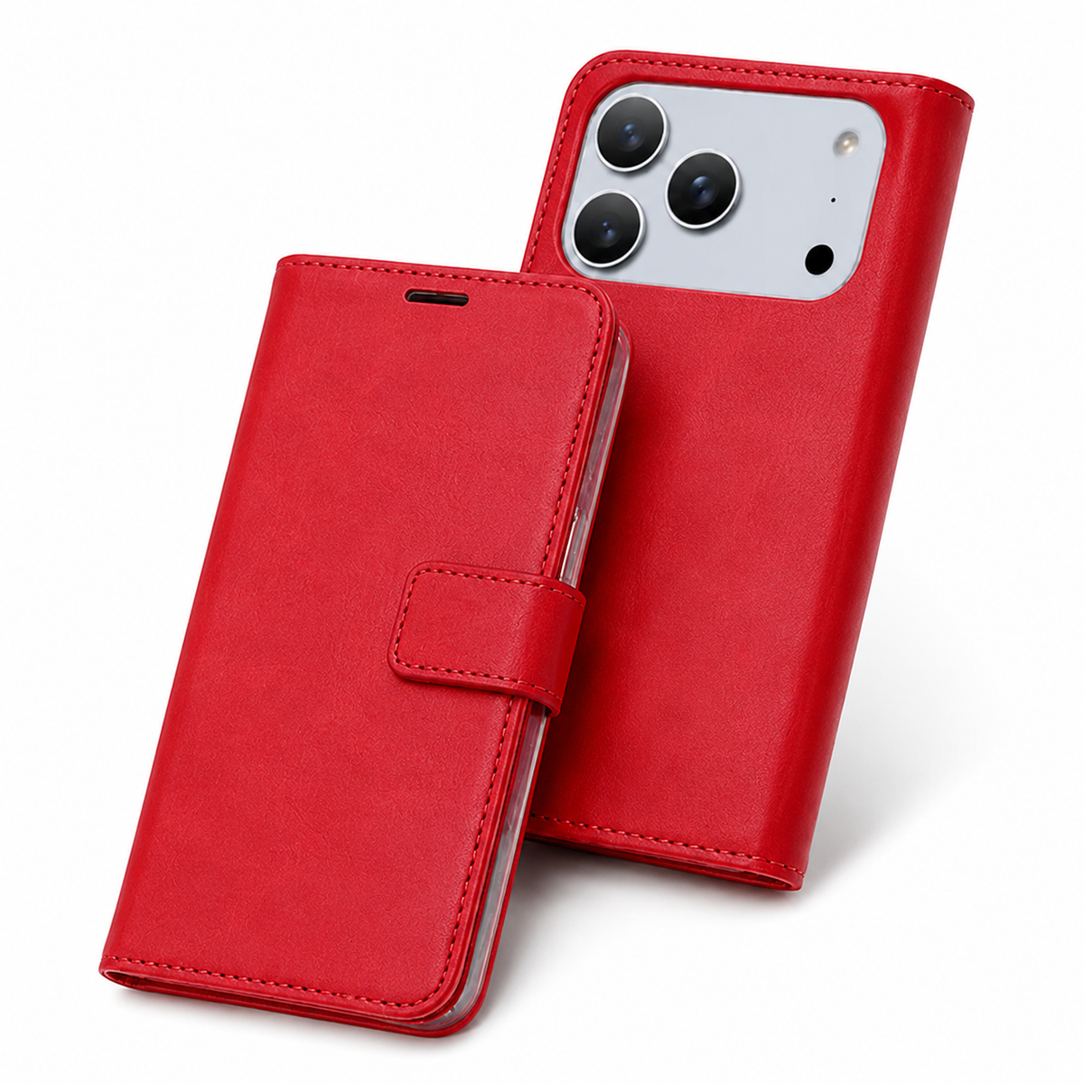 Red iPhone 18 Pro Max Wallet Case with Photo ID Holder, Leather Flip Cover, Card Slot Phone Case