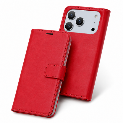 Red iPhone 17 Pro Max Wallet Case with Photo ID Holder, Leather Flip Cover, Card Slot Phone Case