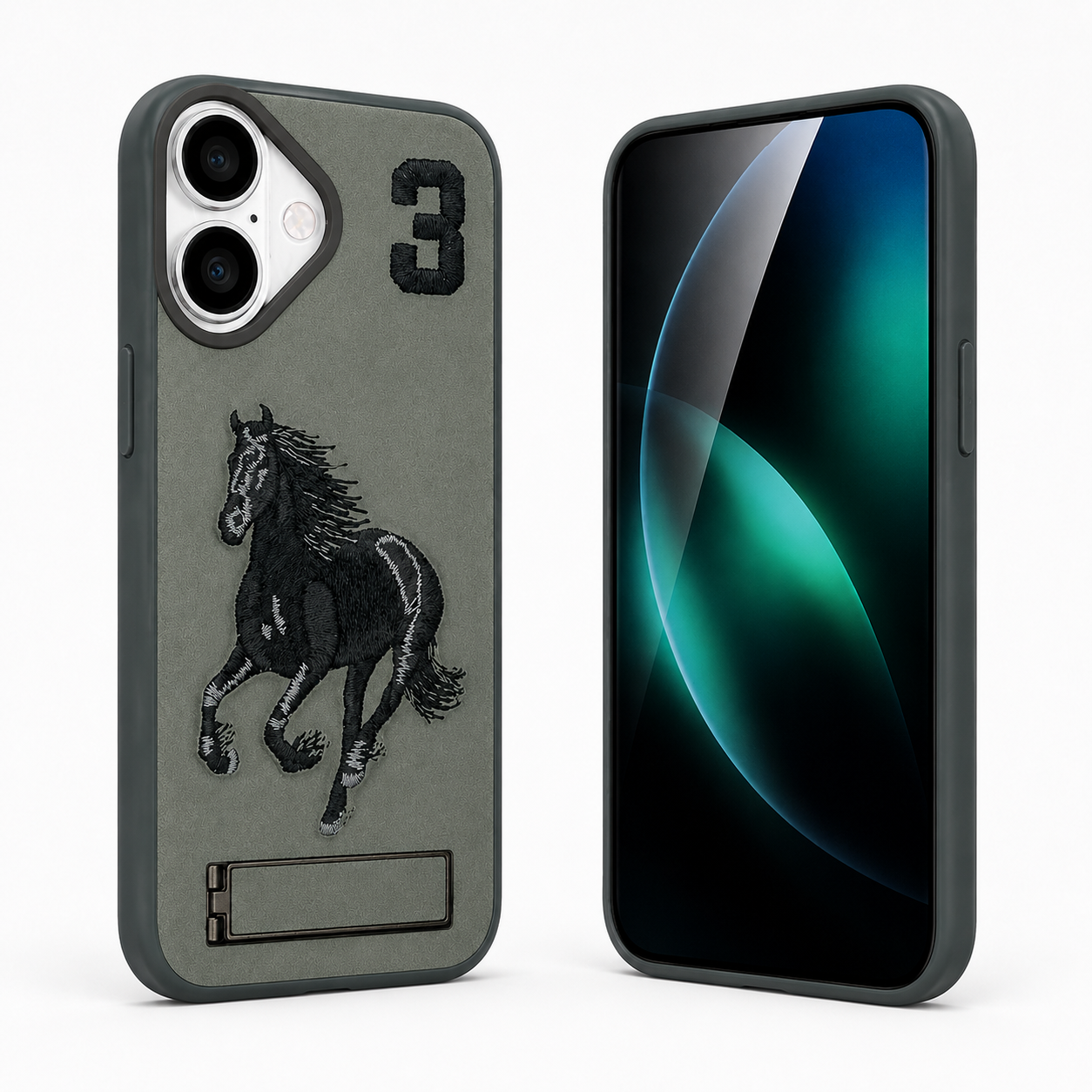 Grey Kickstand Phone Case for Apple iPhone 16, Durable Mobile Cover, Scratch Resistant Case, Luxury Phone Case