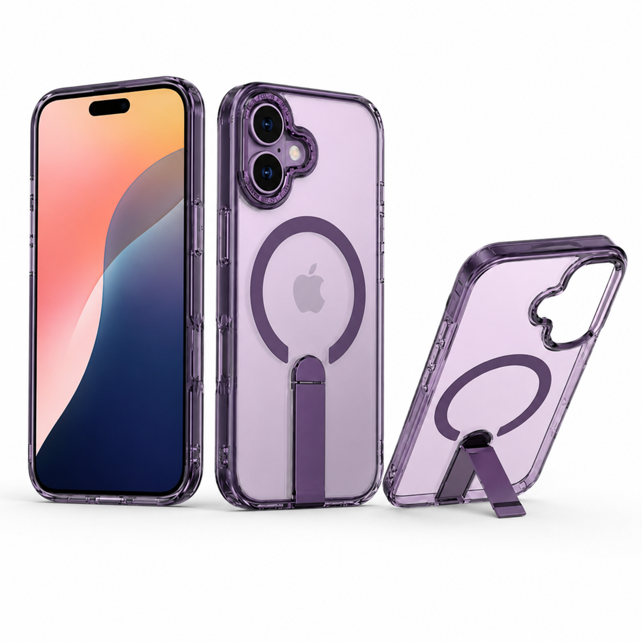Purple MagSafe iStand Case for Apple iPhone 16, Shockproof Phone Case, Protective Mobile Cover, Kickstand Phone Case